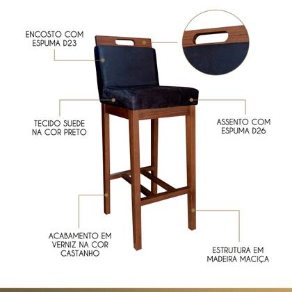 Imagem de Kit 4 Banquetas Média Estofada com Encosto Veneza 94 Cm Madeira Castanho Suede CCS