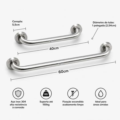Imagem de Kit 4 Barras de Apoio 40 e 60cm Lorben com Alça Suporte Deficiente Idoso Inox Banheiro - GT845