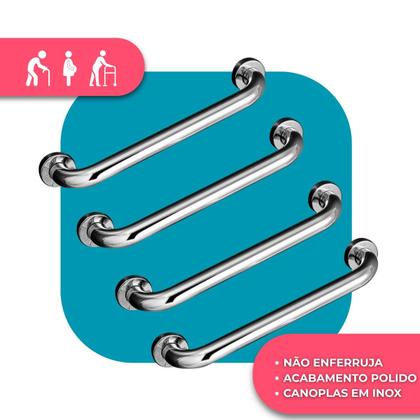 Imagem de Kit 4 Barras de Apoio Corrimao Segurança em banheiro 80cm Acessibilidade Aço Inoxidável Polido Para Chuveiro Com Kit Fixação Completo Tippi