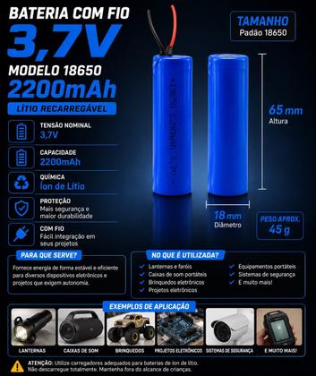 Imagem de Kit 4 Baterias Recarregáveis 18650 3,7V 2200mAh Com Fio Liion Alta Capacidade