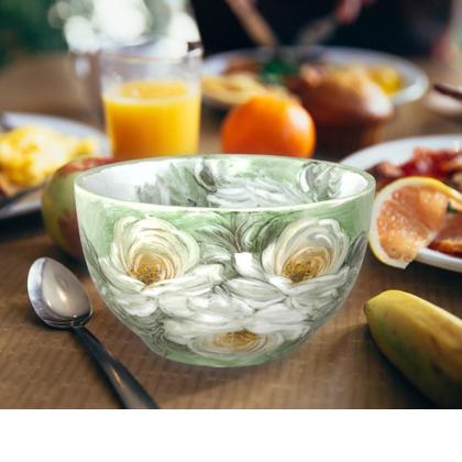 Imagem de KIT 4 Bowls Tigela Japonesa Cumbuca de Porcelana Açai 500 ml Pintada à Mão ROSAS BRANCA