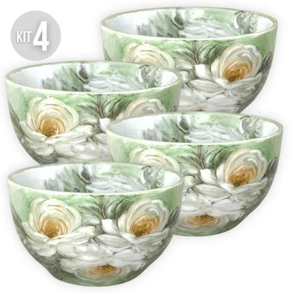 Imagem de KIT 4 Bowls Tigela Japonesa Cumbuca de Porcelana Açai 500 ml Pintada à Mão ROSAS BRANCA