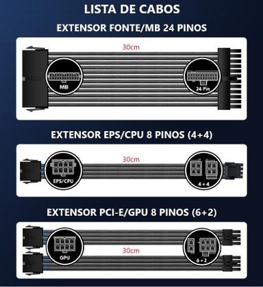 Imagem de Kit 4 Cabos Sleeved Preto Extensor Fonte Atx Gpu Eps Pci-e