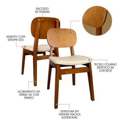 Imagem de Kit 4 Cadeira de Jantar em Madeira Maciça com Assento material sintético Bege Melissa