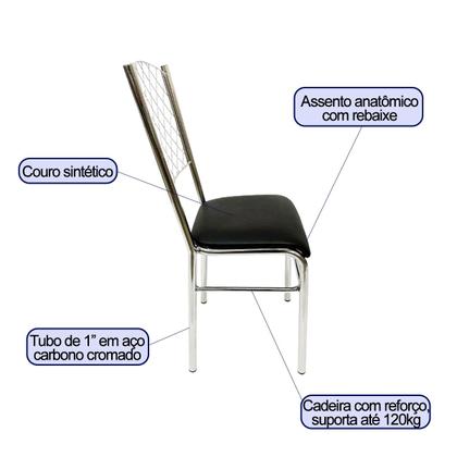 Imagem de Kit 4 Cadeiras de Cozinha com reforço cromada encosto grade assento preto - Poltronas do Sul