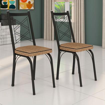 Imagem de Kit 4 Cadeiras de Cozinha Delaware Estampado Rattan Bege Pés de Ferro Preto - Pallazio