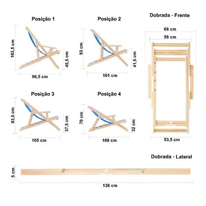 Imagem de Kit 4 Cadeiras Espreguiçadeiras Dobrável de Madeira Varanda Jardim Piscina Natural C/B Tecido Folhas Brancas