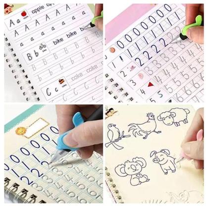 Imagem de Kit 4 Cadernos Mágico Caligrafia em Português Reutilizável com Caneta +10  Refil - DS Boutique