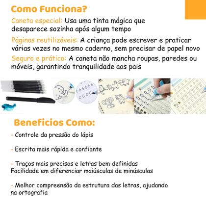 Imagem de Kit 4 Cadernos Mágico Caligrafia em Português Reutilizável com Caneta +10  Refil - DS Boutique
