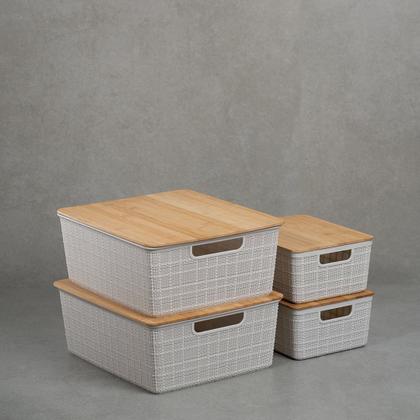 Imagem de Kit 4 caixas organizadoras tampa bambu 2p/2m branca  Oikos