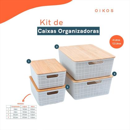 Imagem de Kit 4 caixas organizadoras tampa bambu 2p/2m branca  Oikos