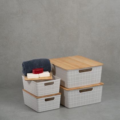 Imagem de Kit 4 caixas organizadoras tampa bambu 2p/2m branca  Oikos