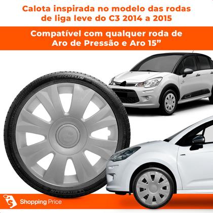 Imagem de Kit 4 Calotas C3 2014 e 2015 Aro 15 Prata Aro de Pressão Grid