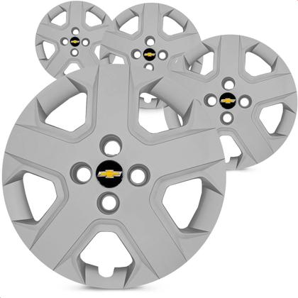 Imagem de Kit 4 Calotas Cobalt Spin 2013 a 2020 Aro 15 Prata Cubo Padrão Grid + Adesivo Resinado 48mm Gm Preto com Dourado (4 Pc)