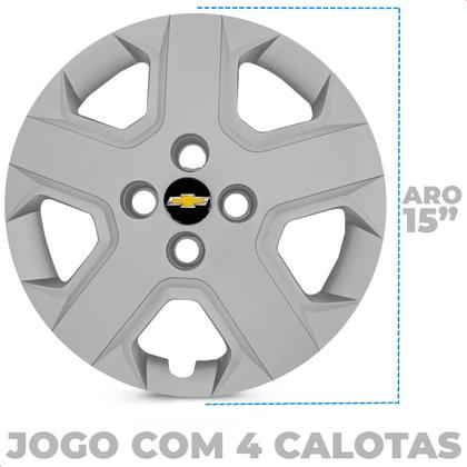 Imagem de Kit 4 Calotas Cobalt Spin 2013 a 2020 Aro 15 Prata Cubo Padrão Grid + Adesivo Resinado 48mm Gm Preto com Dourado (4 Pc)