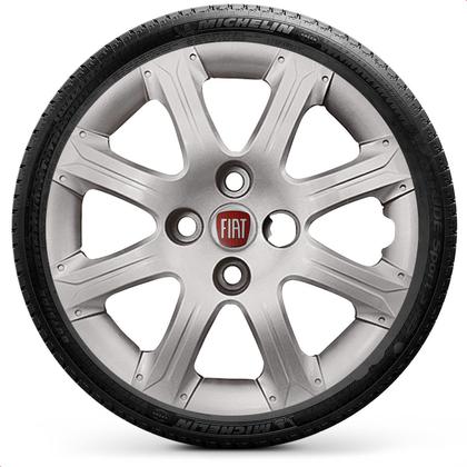 Imagem de Kit 4 Calotas Palio Weekend Strada 2014 A 2016 Aro 14 Prata Cubo Alto Grid + Adesivo Resinado 48Mm Fiat Vermelho (4 Pc)