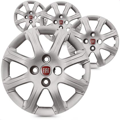 Imagem de Kit 4 Calotas Palio Weekend Strada 2014 A 2016 Aro 14 Prata Cubo Alto Grid + Adesivo Resinado 48Mm Fiat Vermelho (4 Pc)