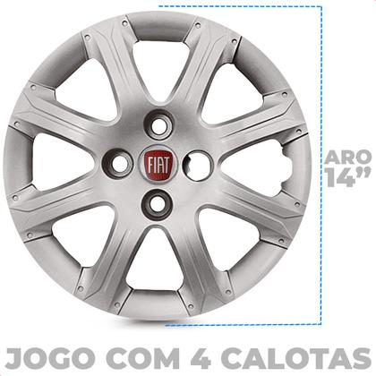 Imagem de Kit 4 Calotas Palio Weekend Strada 2014 A 2016 Aro 14 Prata Cubo Alto Grid + Adesivo Resinado 48Mm Fiat Vermelho (4 Pc)