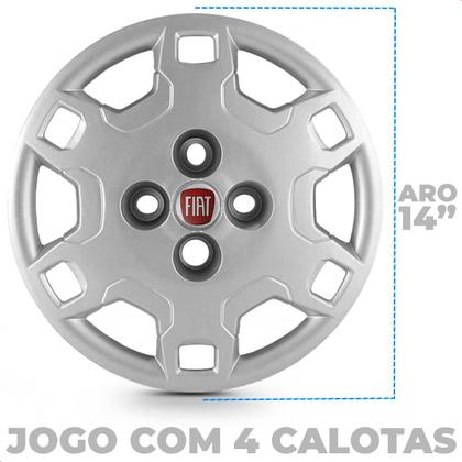 Imagem de Kit 4 Calotas Strada Weekend 2011 2012 Aro 14 Prata Cubo Alto Grid + Adesivo Resinado 48Mm Fiat Vermelho (4 Pc)