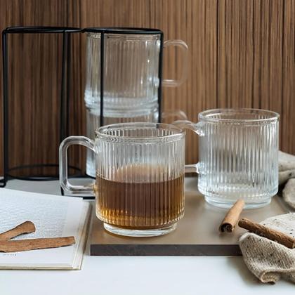 Imagem de Kit 4 Canecas Xícaras com Suporte Vidro Canelado 360ml Versalhes