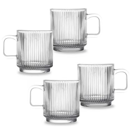 Imagem de Kit 4 Canecas Xícaras com Suporte Vidro Canelado 360ml Versalhes