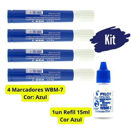 Imagem de Kit 4 Canetas Marcador para Quadro Branco WBM-7 com Refil de Tinta Recarga Original Pilot Ideal Escolas Escritórios