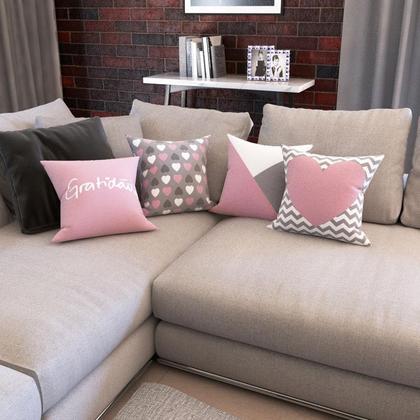 Imagem de Kit 4 Capas Almofadas Decorativas Rosa e Geométricas Coração Gratidão Para Sofá 40x40 - Novadecora