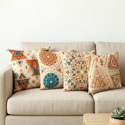 Imagem de Kit 4 Capas de Almofada Boho 45x45cm Estampadas Geométricas Decorativas Microfibra Sala Sofá