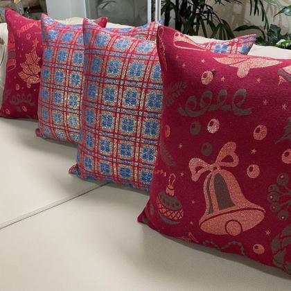 Imagem de Kit 4 Capas de Almofada Jacquard Luxo Sino de Natal e Xadrez Vermelho 45x45cm