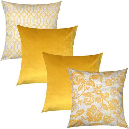 Imagem de Kit 4 Capas de Almofadas Floral, Geométrico e Liso Amarelo Sued Premium 45x45cm