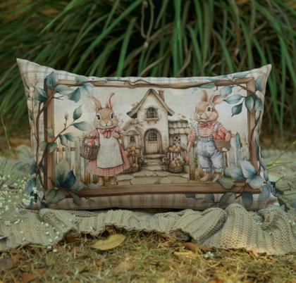 Imagem de Kit 4 Capas para Almofadas Páscoa Coelhos Vintage Bege 43x43 Decorativa Sofá Sala