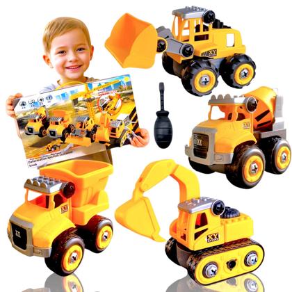 Imagem de Kit 4 Carrinho monta e desmonta Didático Brinquedo Educativo Caminhão Infantil Personagem Caminhão Amarelo e Carro interativo para Crianças