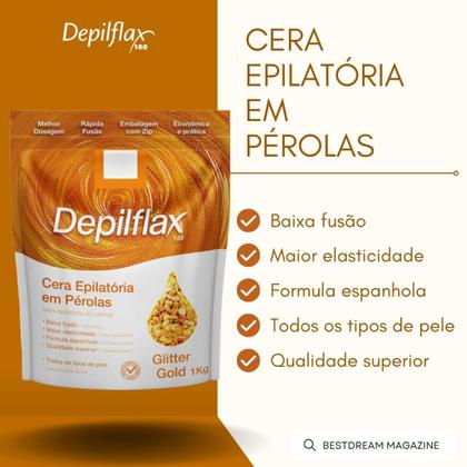 Imagem de Kit 4 Cera Quente Depilatória Profissional Glitter Gold Depilflax Em Perolas 1Kg Grande
