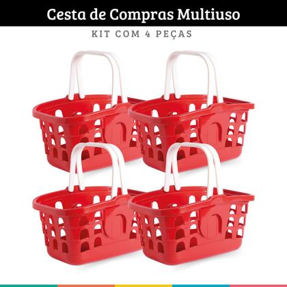 Imagem de Kit 4 Cestas de Compras Cestinha Mercado Loja Multiuso Vermelho