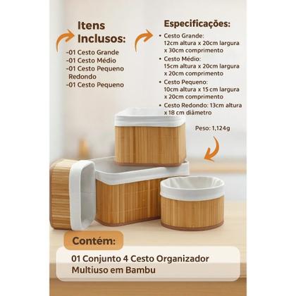 Imagem de Kit 4 Cestos Bambu Organizadores Armazena Decoração Casa Banheiro Objetos Caixa Pote Servir Café