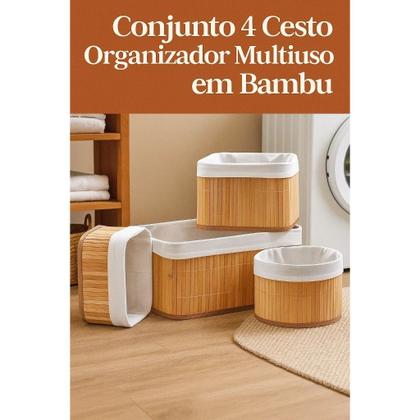 Imagem de Kit 4 Cestos Bambu Organizadores Armazena Decoração Casa Banheiro Objetos Caixa Pote Servir Café
