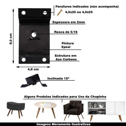 Imagem de Kit 4 Chapinhas Chapa Inclinada 15º com Tubo Fixação Pés Palito Rosca 5/16 Preta