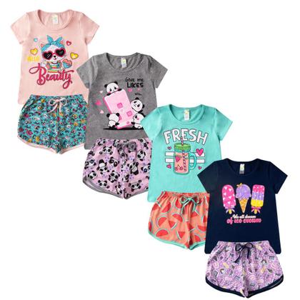 Imagem de Kit 4 Conjunto Verão Infantil Feminino Blusinha e Shorts em Algodão + Cotton Roupa Menina Estampas divertidas Tamanhos 04 06 08