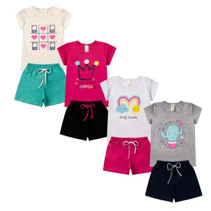 Imagem de Kit 4 Conjunto Verão Infantil Feminino Blusinha e Shorts em Algodão + Cotton Roupa Menina Estampas divertidas Tamanhos 04 06 08