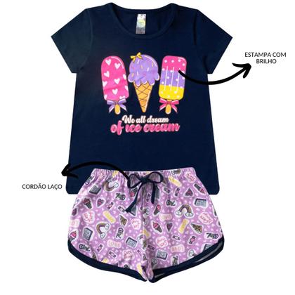 Imagem de Kit 4 Conjunto Verão Infantil Feminino Blusinha e Shorts em Algodão + Cotton Roupa Menina Estampas divertidas Tamanhos 04 06 08