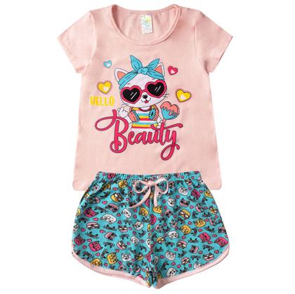 Imagem de Kit 4 Conjunto Verão Infantil Feminino Blusinha e Shorts em Algodão + Cotton Roupa Menina Estampas divertidas Tamanhos 04 06 08