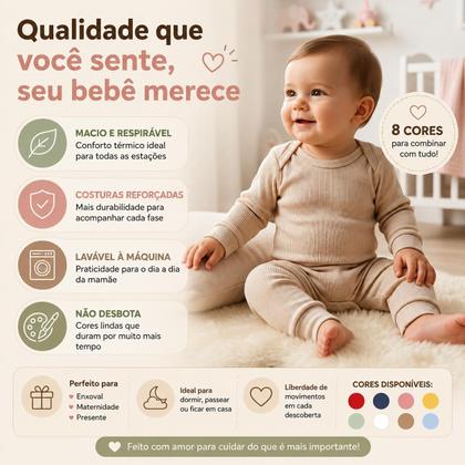Imagem de Kit 4 Conjuntos Bebê Body Manga Longa + Calça Canelado Maternidade Enxoval 100% Algodão RN ao 1 Ano