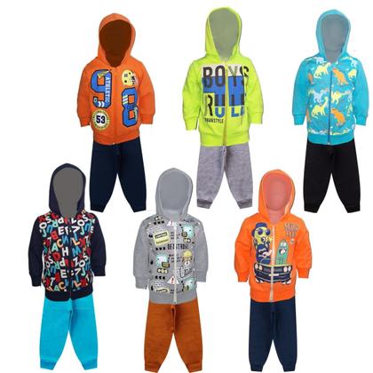 Imagem de Kit 4 Conjuntos Moletom Infantil Masculino Blusa e Calça Flanelado, c/ Capuz Ziper Punhos Roupa Menino Inverno Tamanhos 01 02 03