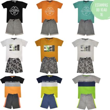 Imagem de Kit 4 Conjuntos Verão Infantil Juvenil Masculino Camiseta reforço na gola e Bermuda Moletinho cadarço Roupa Criança Menino Tamanhos 04 - 16