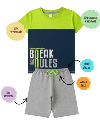 Imagem de Kit 4 Conjuntos Verão Infantil Juvenil Masculino Camiseta reforço na gola e Bermuda Moletinho cadarço Roupa Criança Menino Tamanhos 04 - 16