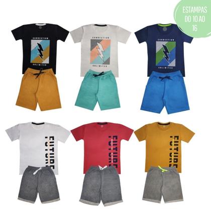 Imagem de Kit 4 Conjuntos Verão Infantil Juvenil Masculino Camiseta reforço na gola e Bermuda Moletinho cadarço Roupa Criança Menino Tamanhos 04 - 16