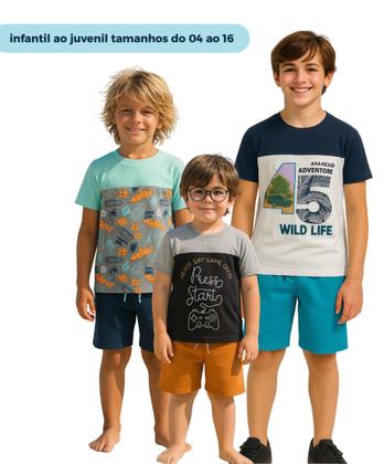 Imagem de Kit 4 Conjuntos Verão Infantil Juvenil Masculino Camiseta reforço na gola e Bermuda Moletinho cadarço Roupa Criança Menino Tamanhos 04 - 16