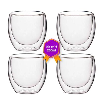 Imagem de Kit 4 Copos de Vidro Parede Dupla Isolante Térmico 250 ml