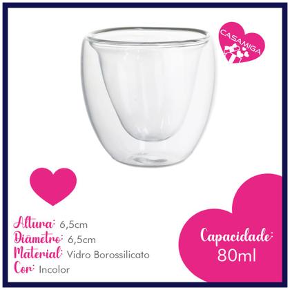 Imagem de Kit 4 Copos Vidro Borossilicato Parede Dupla Coração 80ml