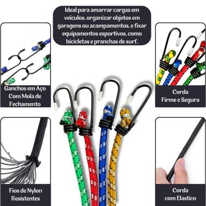 Imagem de Kit 4 Cordas Elástica Resistente Bagageiro Corda Extensora de Moto Bike Bicicleta Gancho Extensor